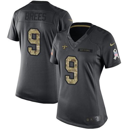 Nike Saints #9 Drew Brees Black Women's Stitched NFL Limited 2016 Salute to Service Jersey - Click Image to Close